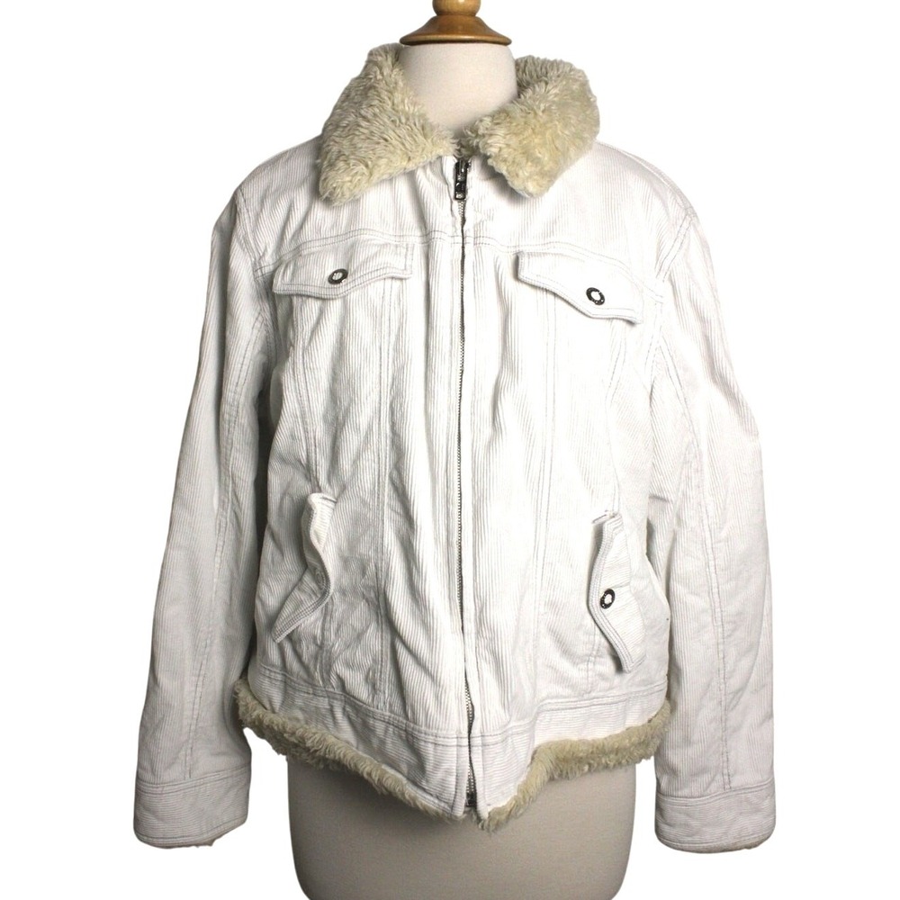 Esprit Corduroy Trucker Jacket Women XL White Faux Fur Y2K 90s Indie